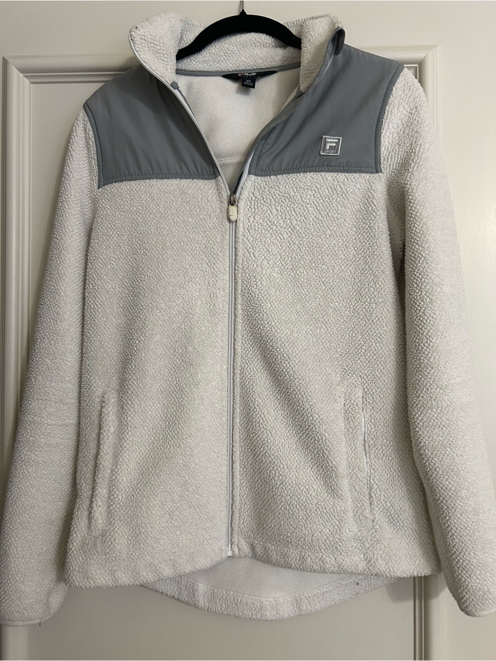 FILA Women’s Cream Sherpa Zip Jacket with Gray Shoulder Yoke